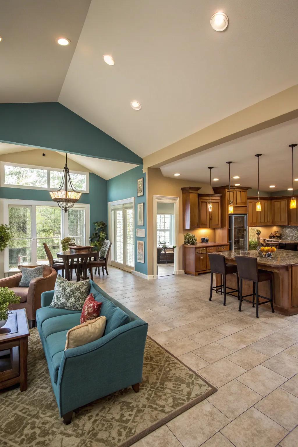 Color defines functional spaces within open plans