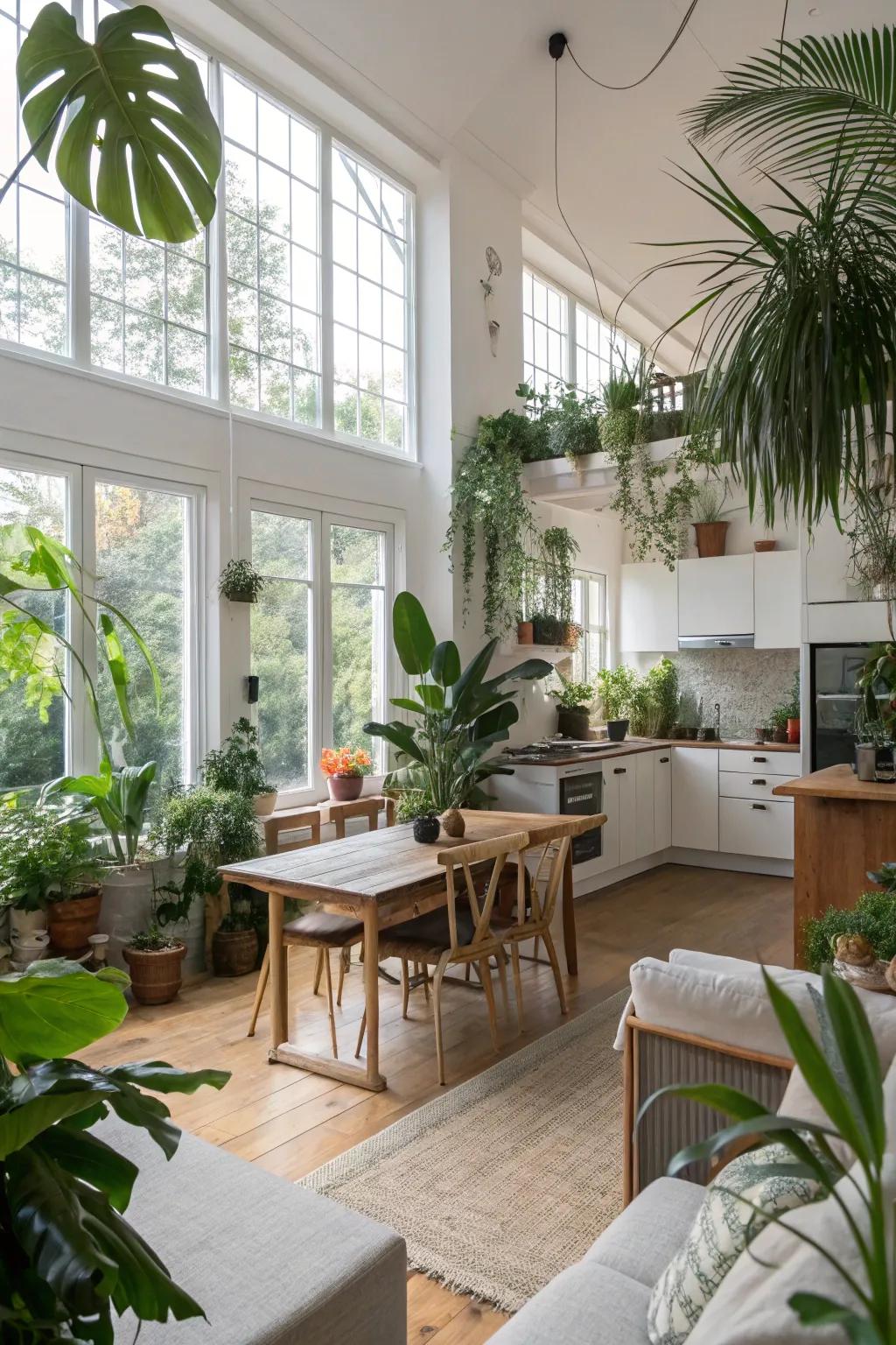 Plant life breathes life into an open kitchen and lounge.