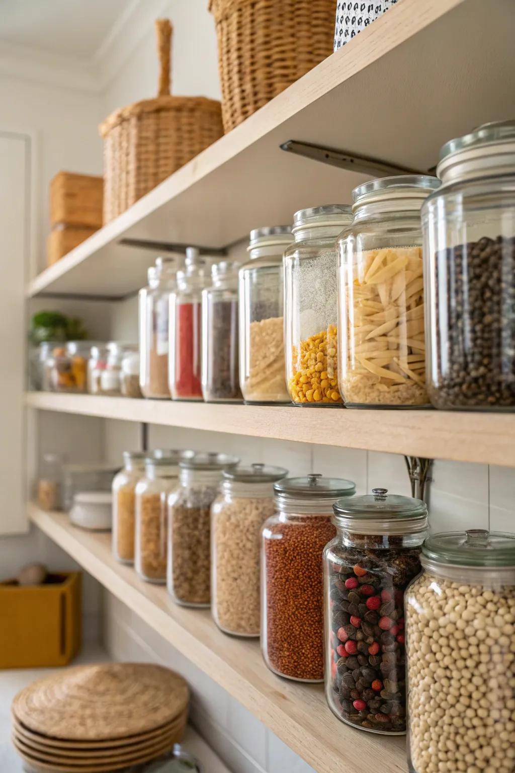 Glass jars provide visibility and freshness for pantry items.