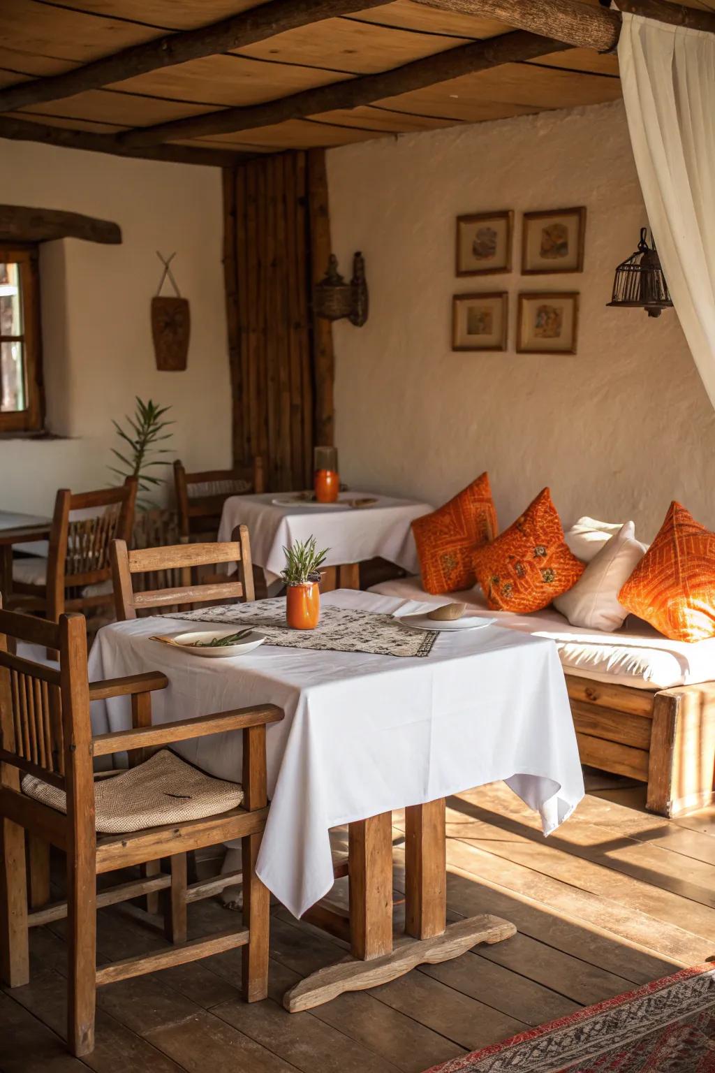 Natural allure meets modern color with tangerine features and wood components.