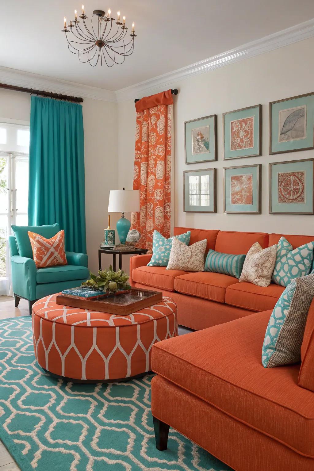 A vibrant lounge showcasing a striking orange and teal color scheme.