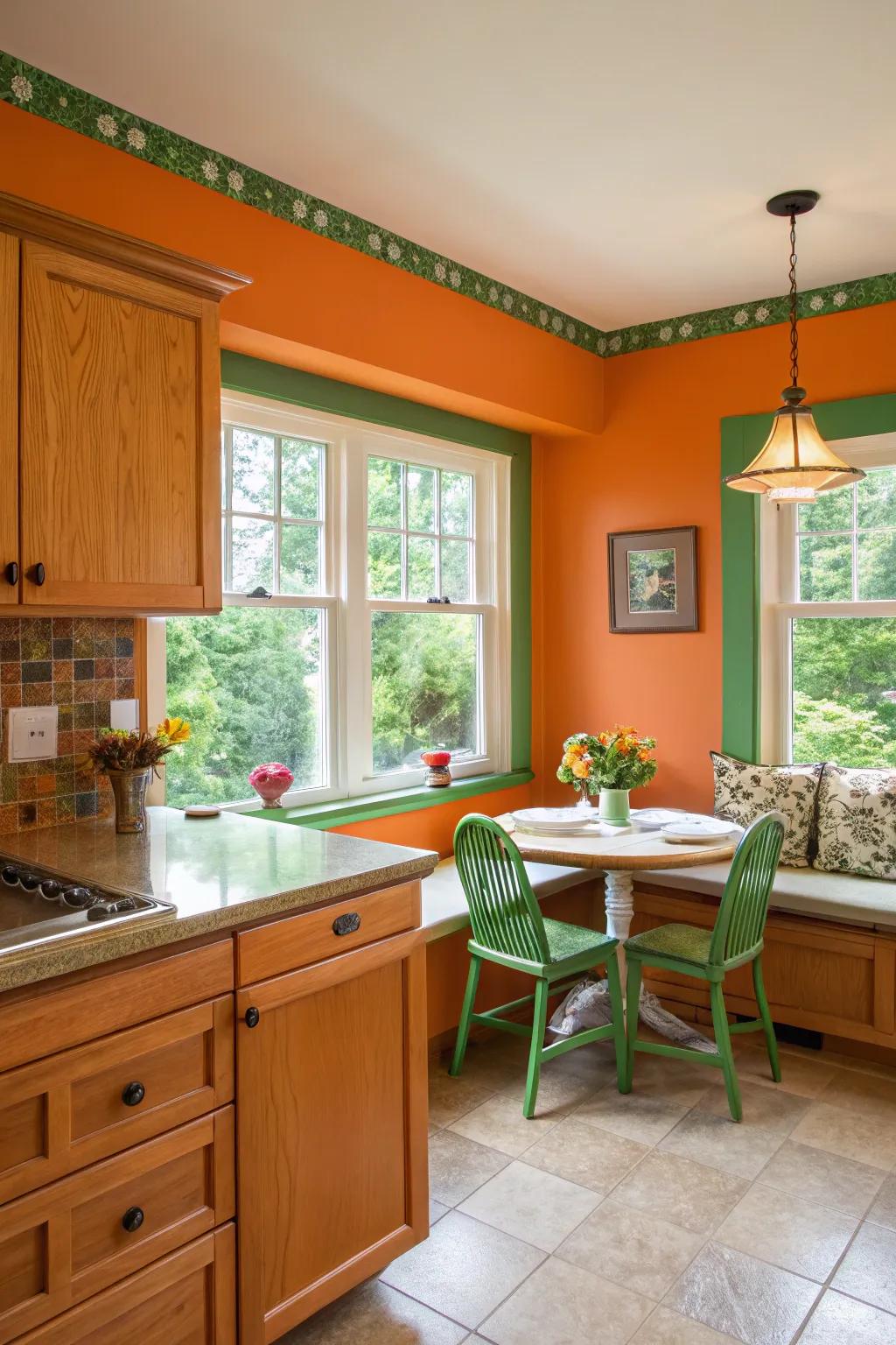 A cooking area that feels like a bright enclosure with its tangerine and verdant palette.