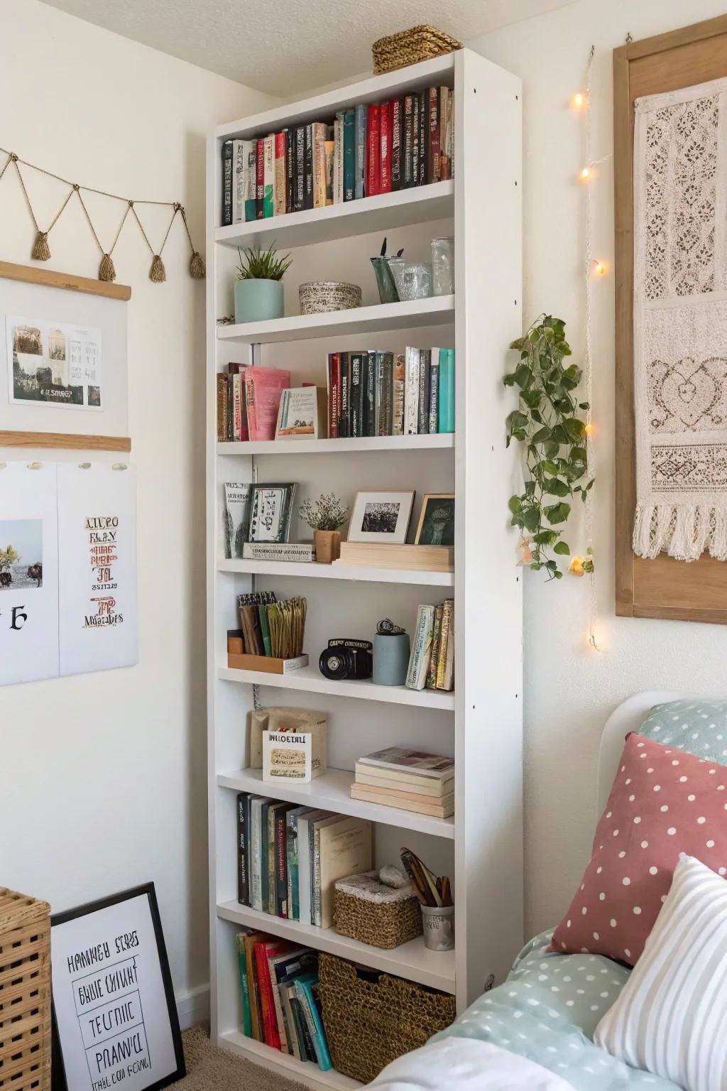 Vertical storage adds a touch of sophistication and practicality to compact areas.