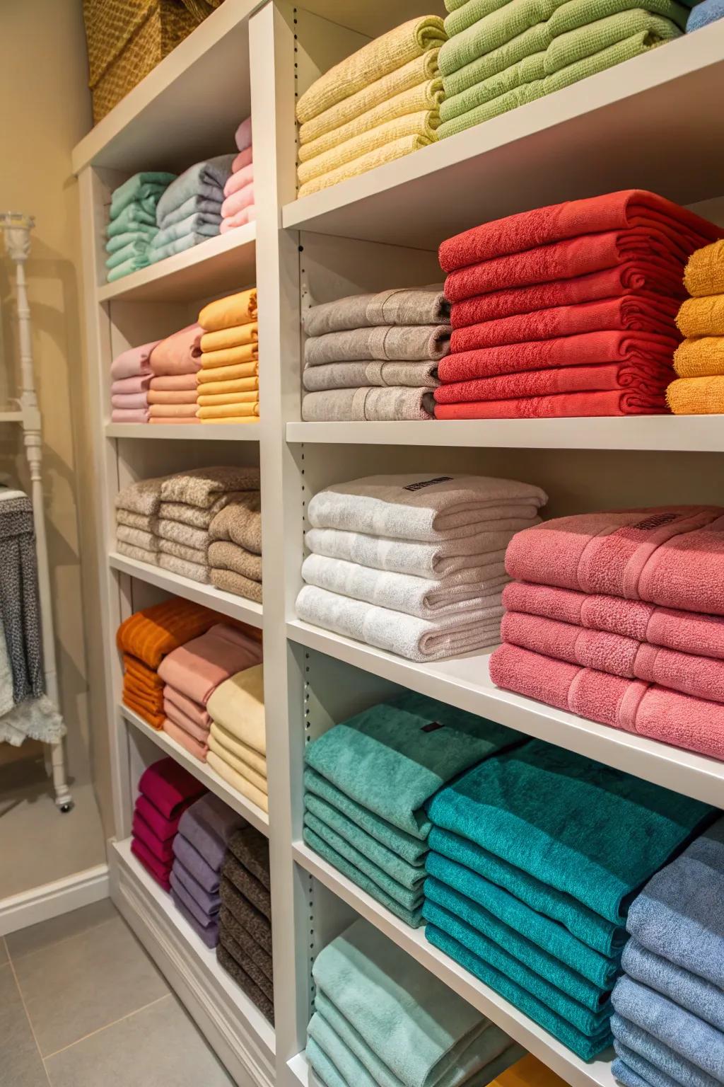 Linens arranged by color establish a sophisticated closet style