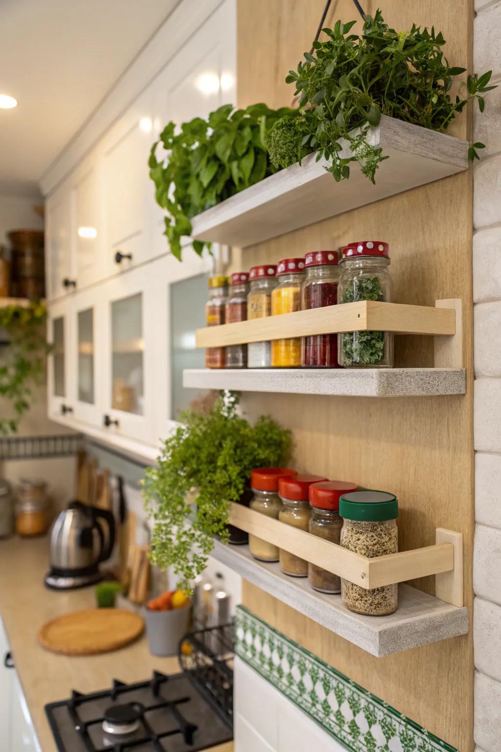 Floating shelves add both storage and style to your kitchen.