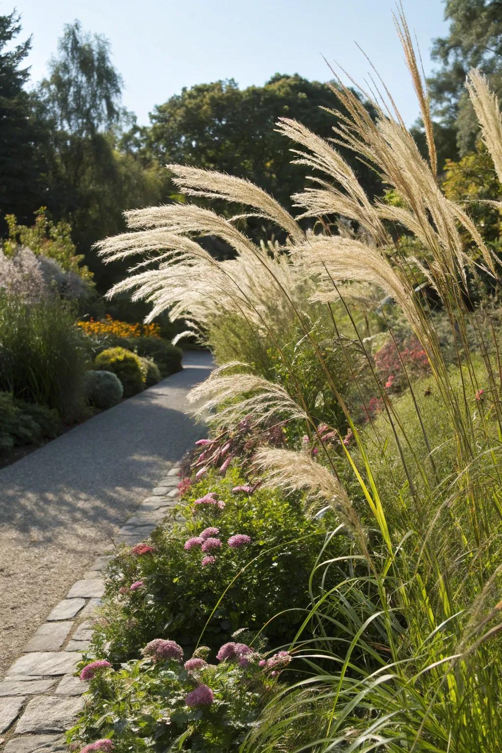 Tall grasses create dramatic focal points in the garden.