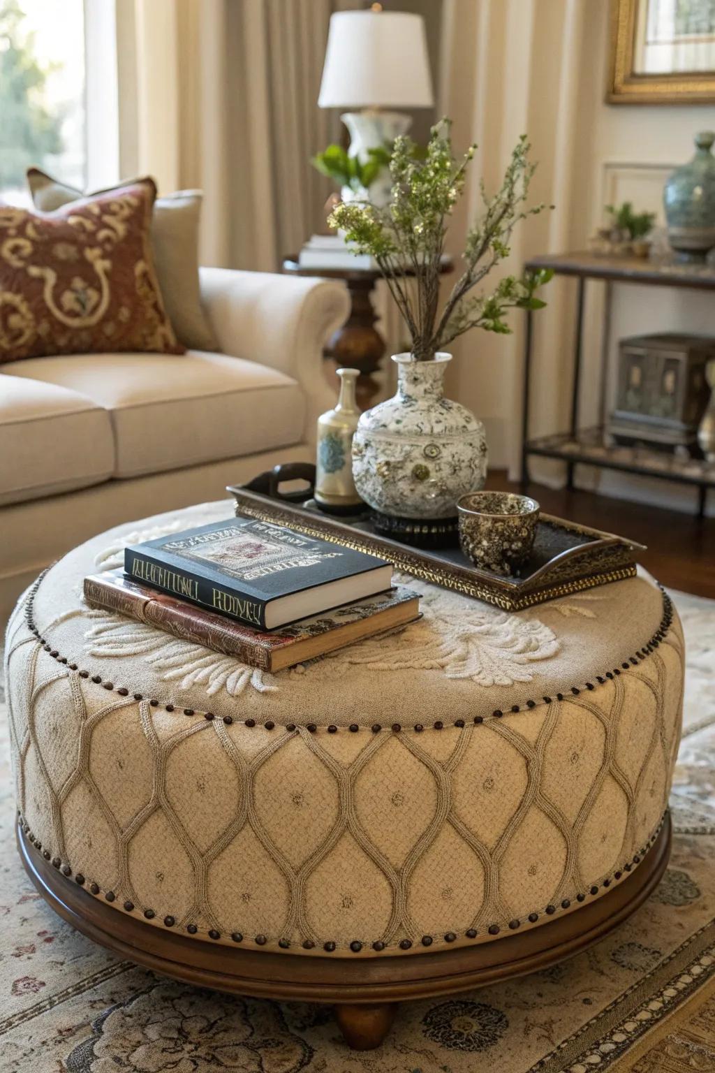 A personalized ottoman with decorative elements.