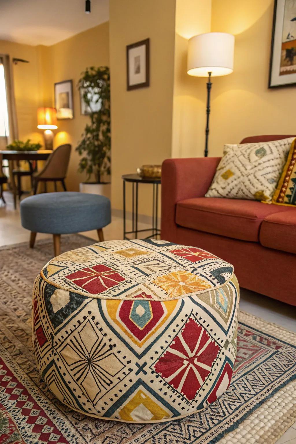 A designed ottoman brings a playful element to any gathering spot.