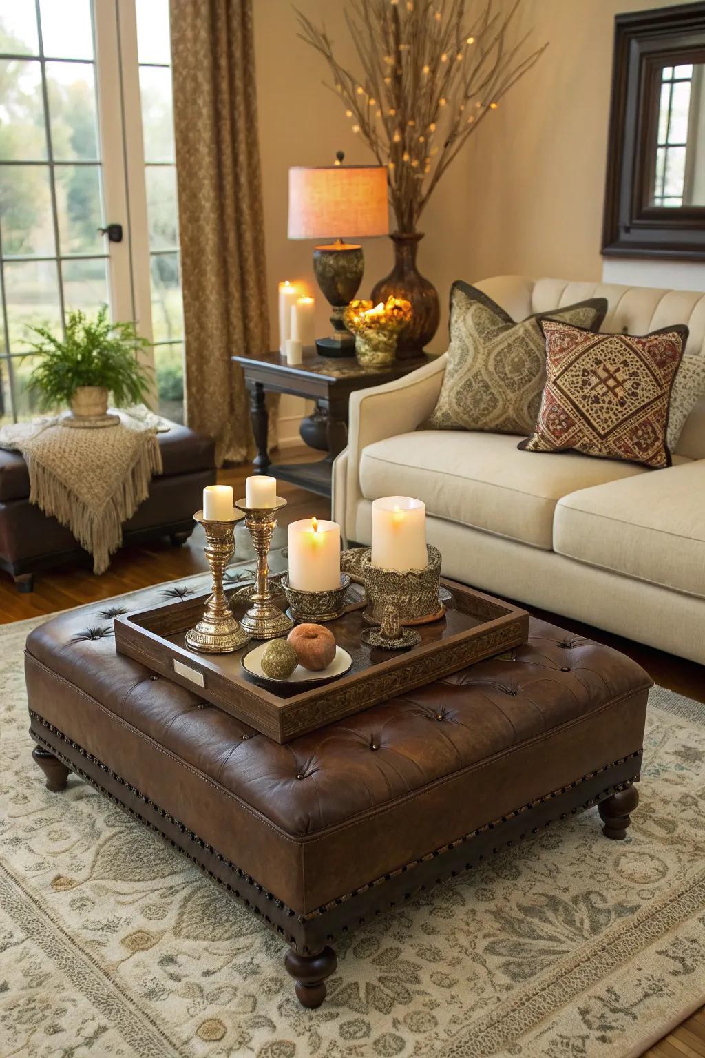 A footrest stylishly decorated with fine accents.