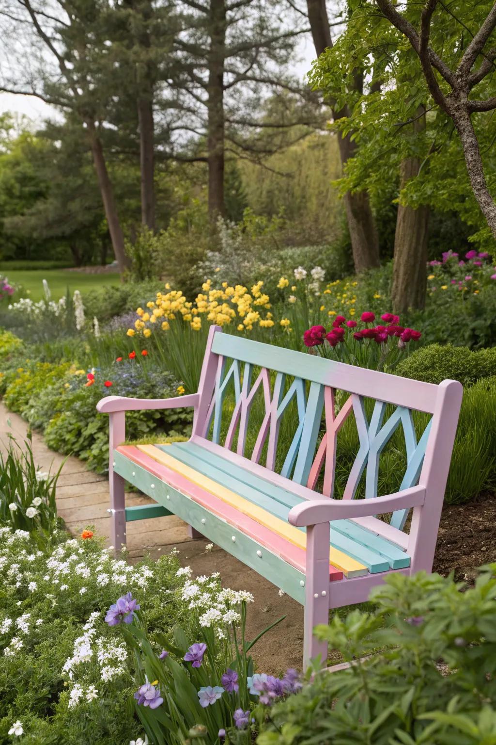 A bench painted in gentle shades adds a playful element.