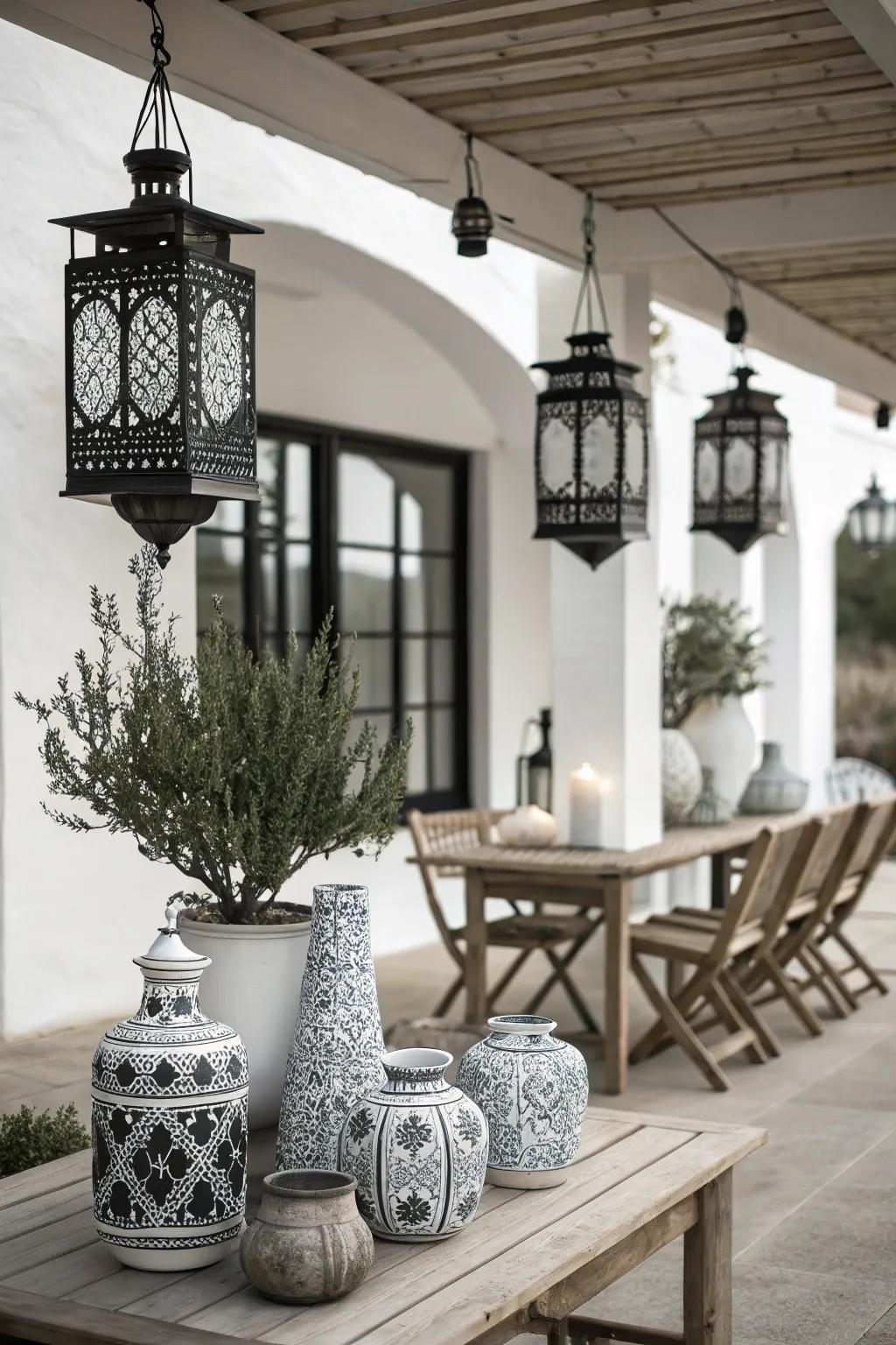 Lovely accessories like lights and containers improve this chic patio arrangement.