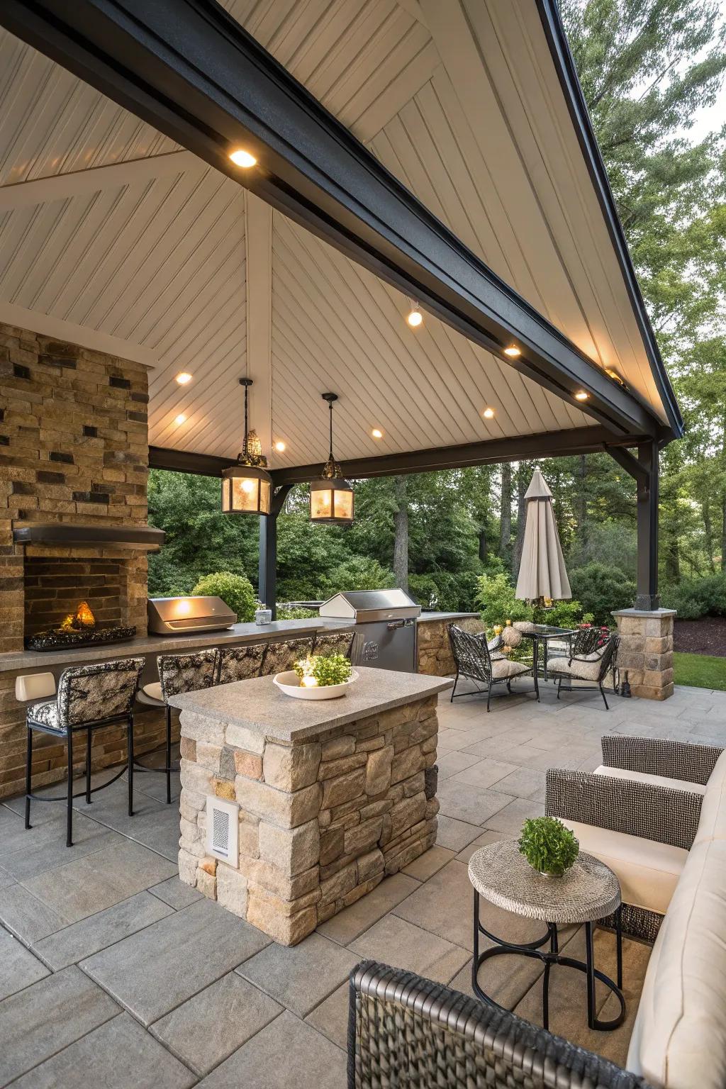 A sheltered grilling area that stands ready in any weather.