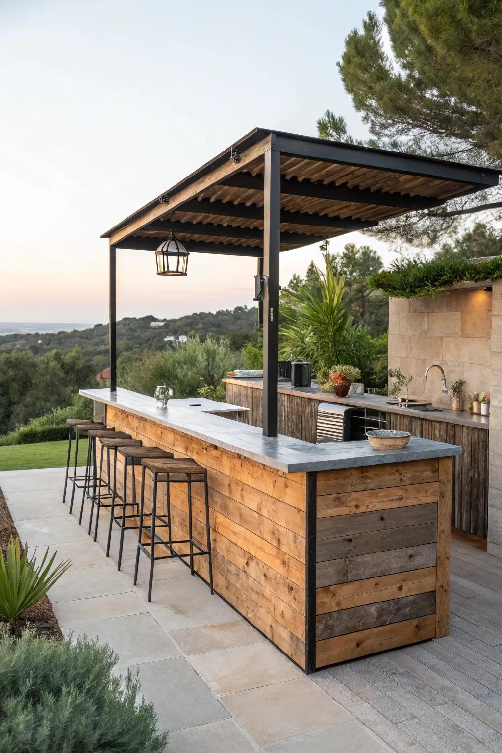 An eco-friendly outdoor kitchen bar made from sustainable materials.