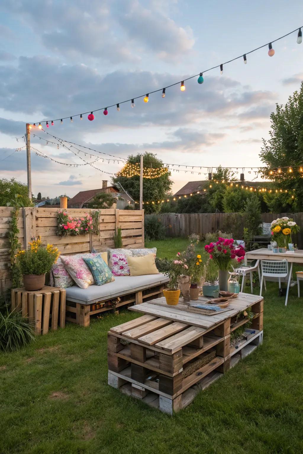 Upcycled furniture contributes character and sustainability.