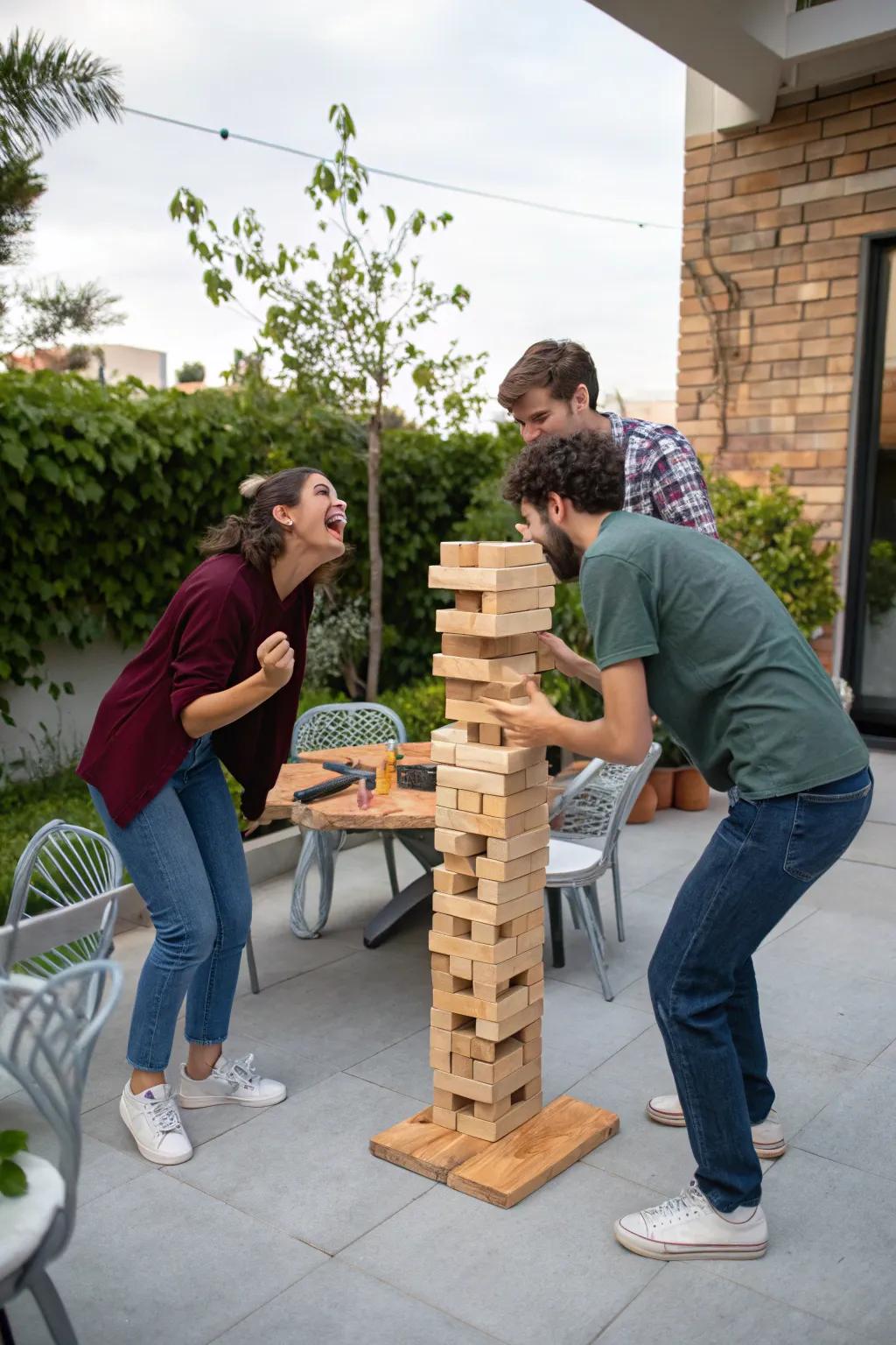 A monumental timber tumble game generating suspense at a backyard festivity.