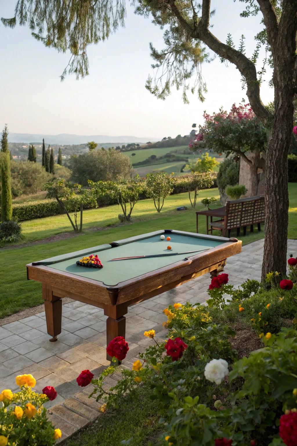 A snooker table offering captivating views of a lush garden.