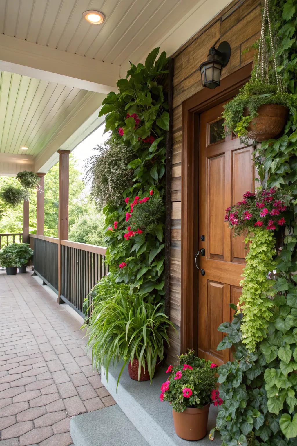 A lush vertical garden introduces vibrant greenery to this porch setting.
