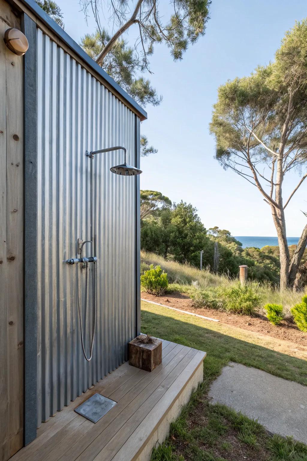 Industrial sophistication with a corrugated metal shower backdrop.