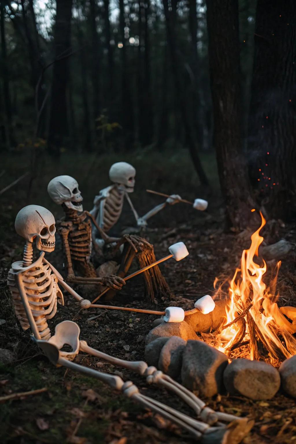 <strong><em>Skeletons</em></strong> enjoying a campfire under the stars.&rdquo; loading=&rdquo;lazy&rdquo; class=&rdquo;pimg&rdquo;>
	</picture><figcaption><strong><em>Skeletons</em></strong> enjoying a campfire under the stars.</figcaption></figure>
<p>Conjure a cozy campfire scene with <strong><em>skeletons</em></strong> roasting <strong><em>delicious marshmallows</em></strong> and sharing <strong><em>spooky stories</em></strong>. Utilize <strong><em>LED lights</em></strong> to replicate the inviting glow of a warm fire.</p>
<h3>Give these a look:</h3>
<ul class=
