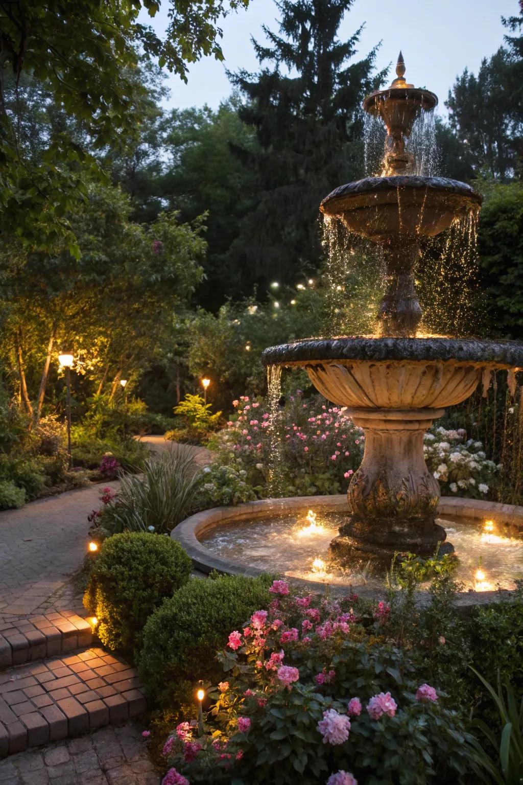 Solar lights metamorphose water features into breathtaking nocturnal showcases.