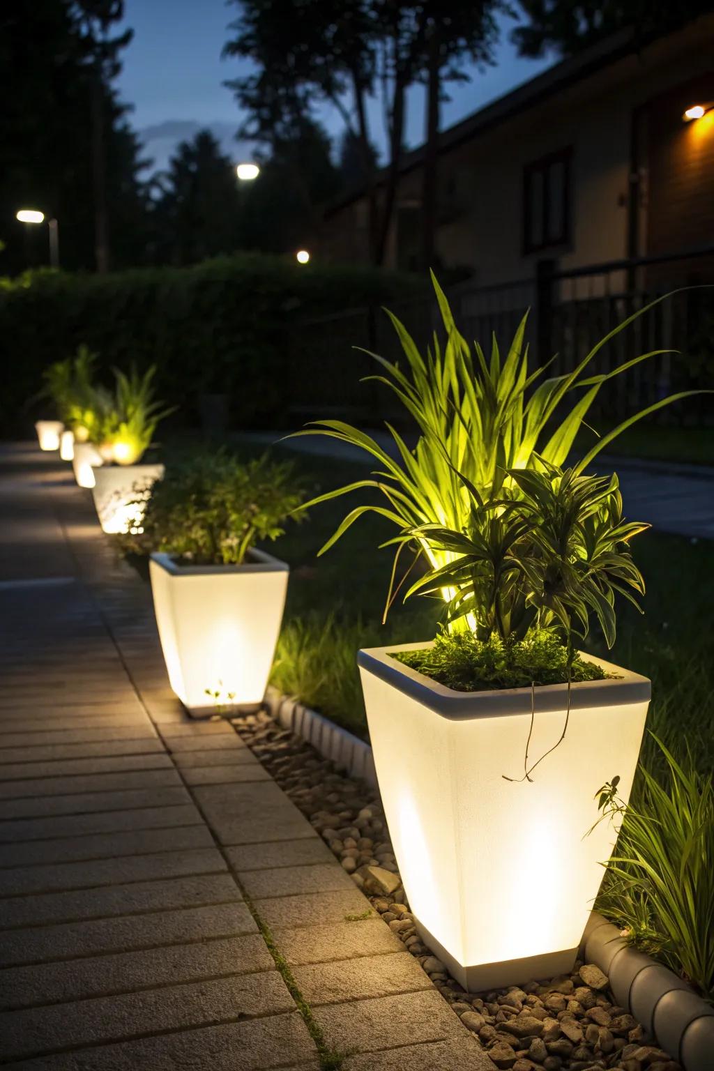 Planters that sparkle brightly, day and night.