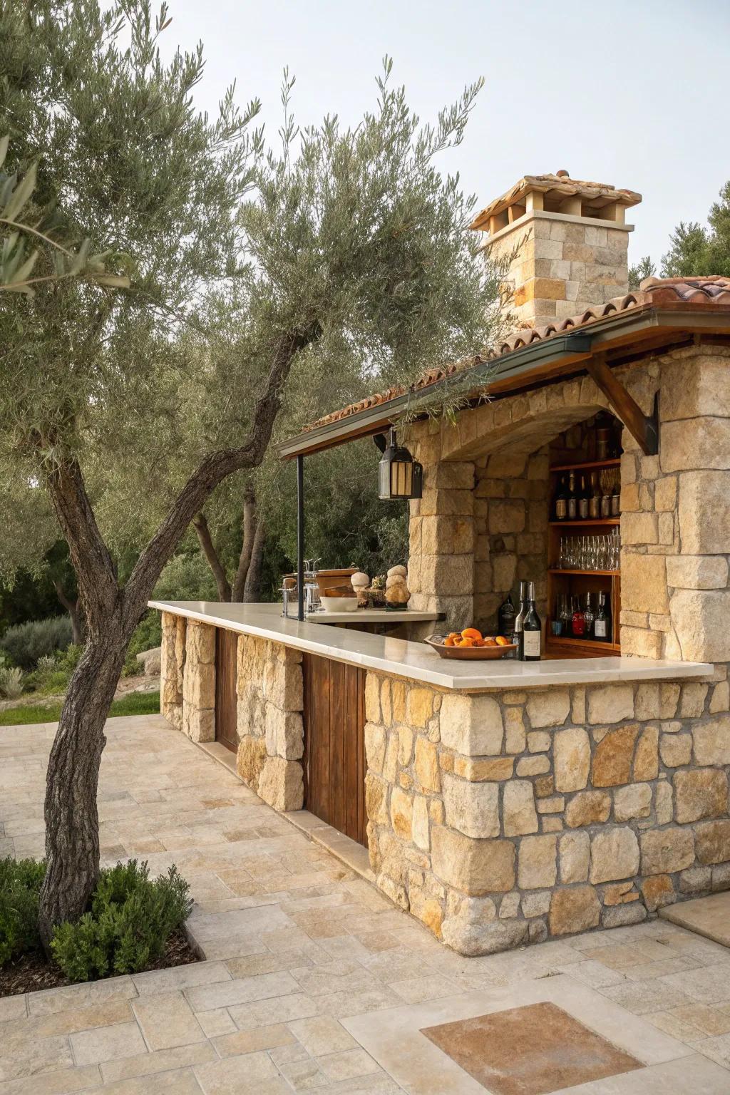 A Mediterranean stone bar enhanced with vibrant accents.