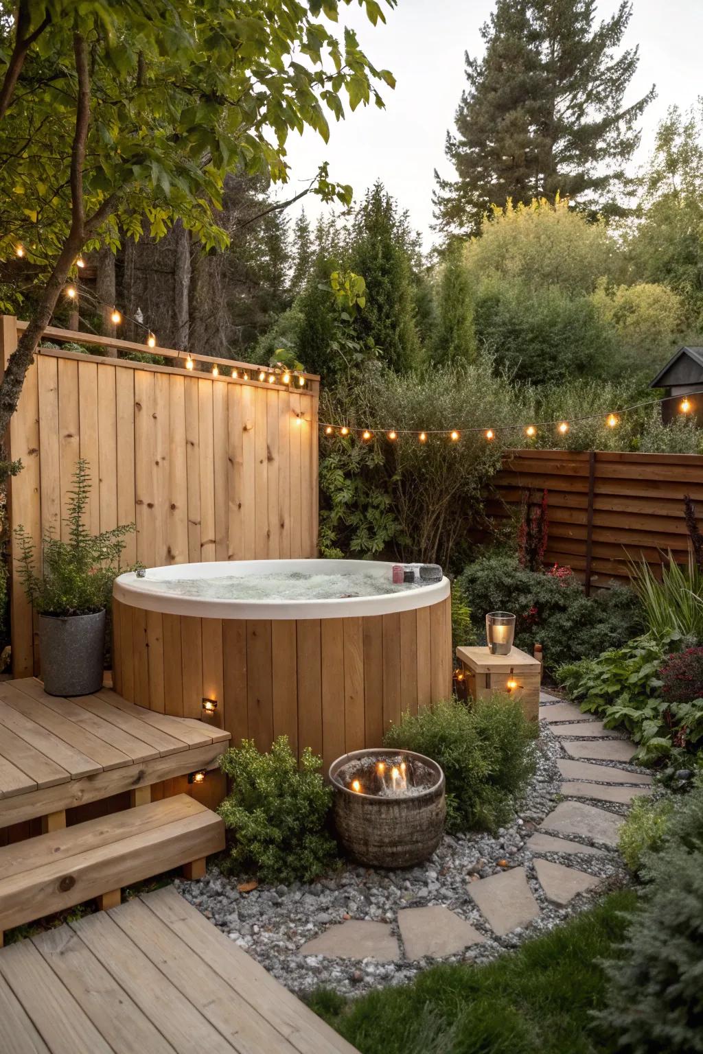 Incorporate warmth using timber surroundings for a comforting outdoor tub experience.