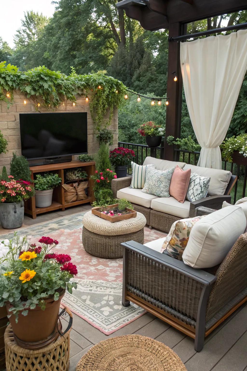 Decorative elements infuse personality and comfort into your outdoor TV setup.