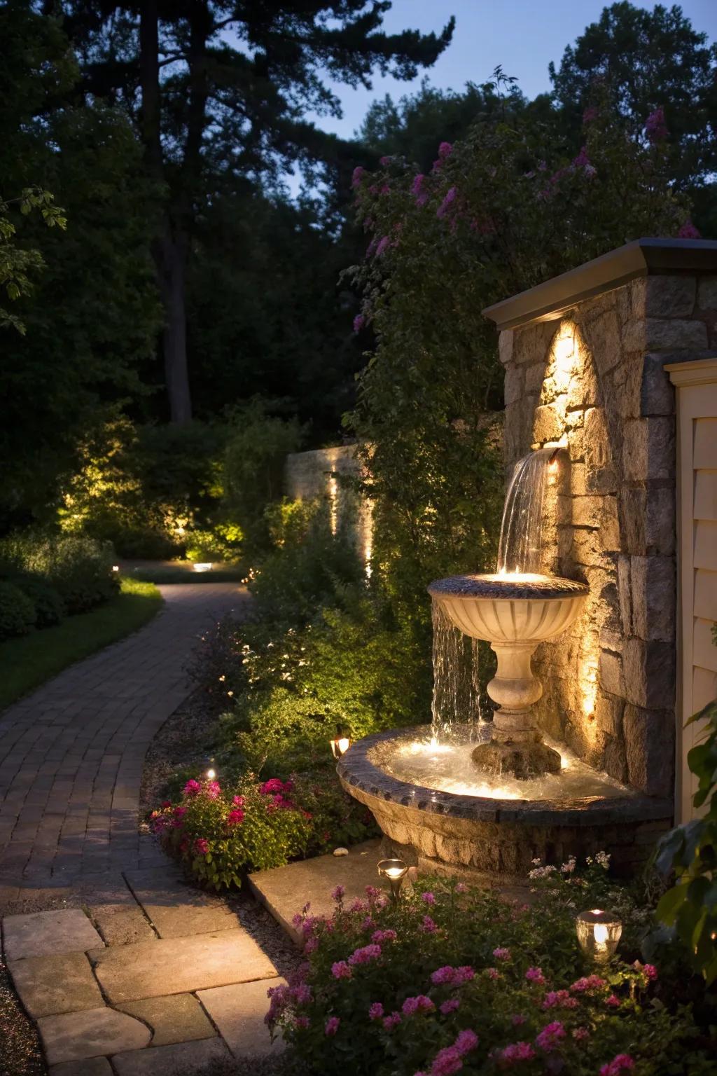 Integrated lighting adds a magical element to wall fountains at night.