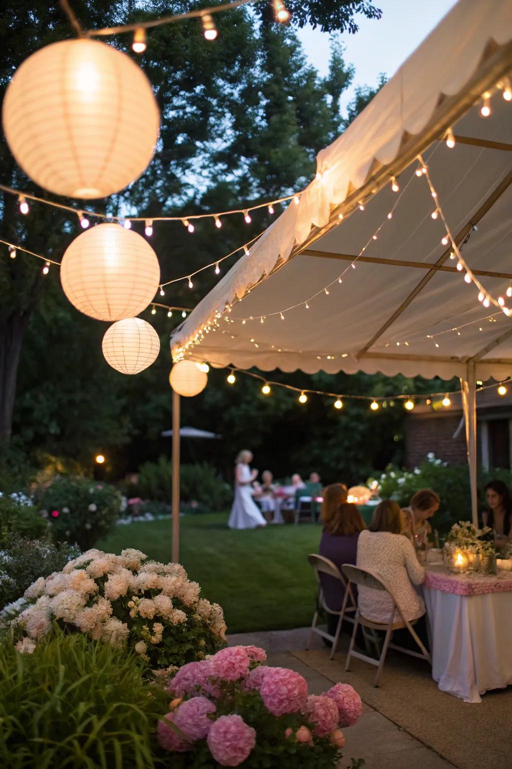 Encompassing illumination establishes a magical tone for a night baby shower.