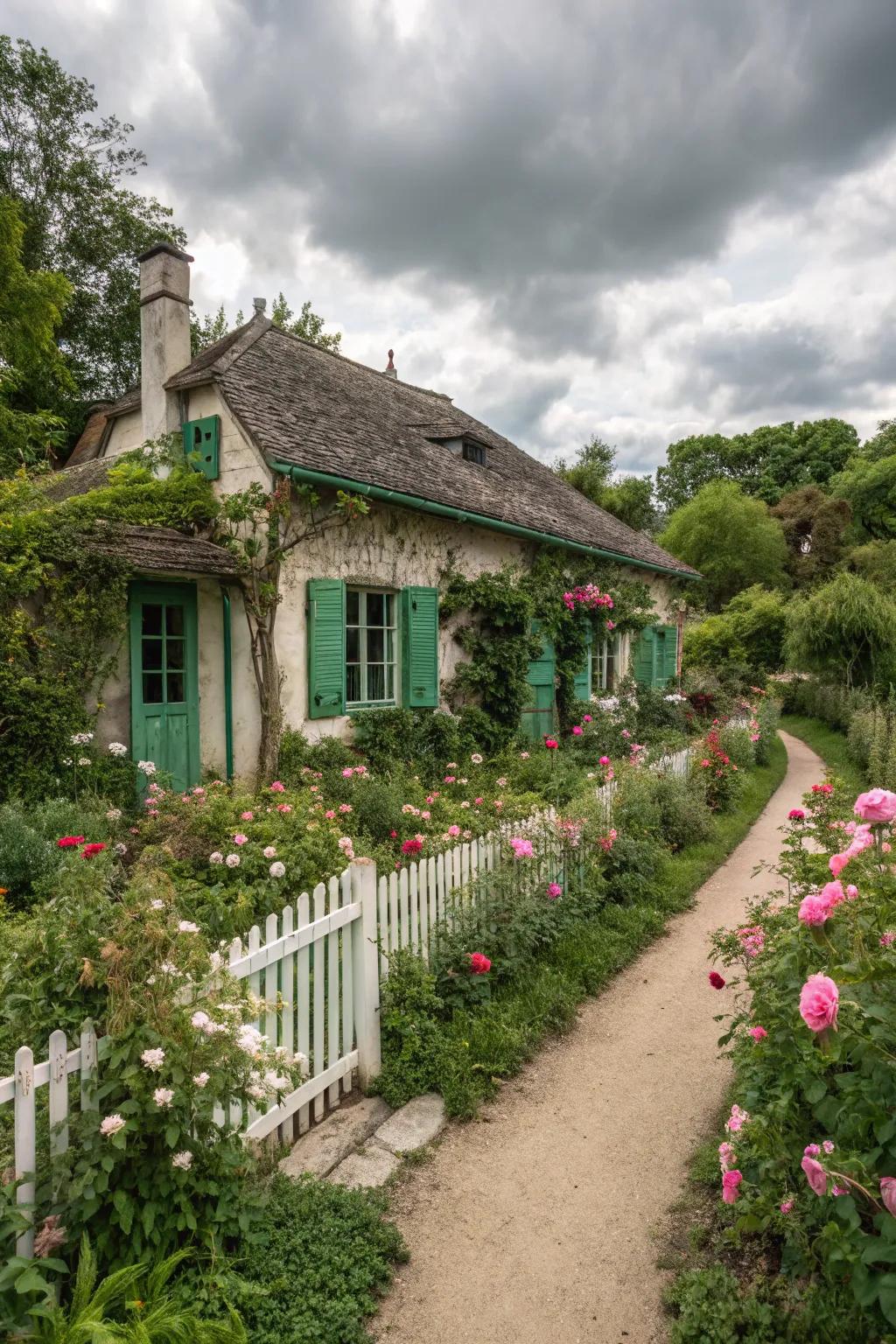 Fairytale cottage featuring enchanting green blinds.