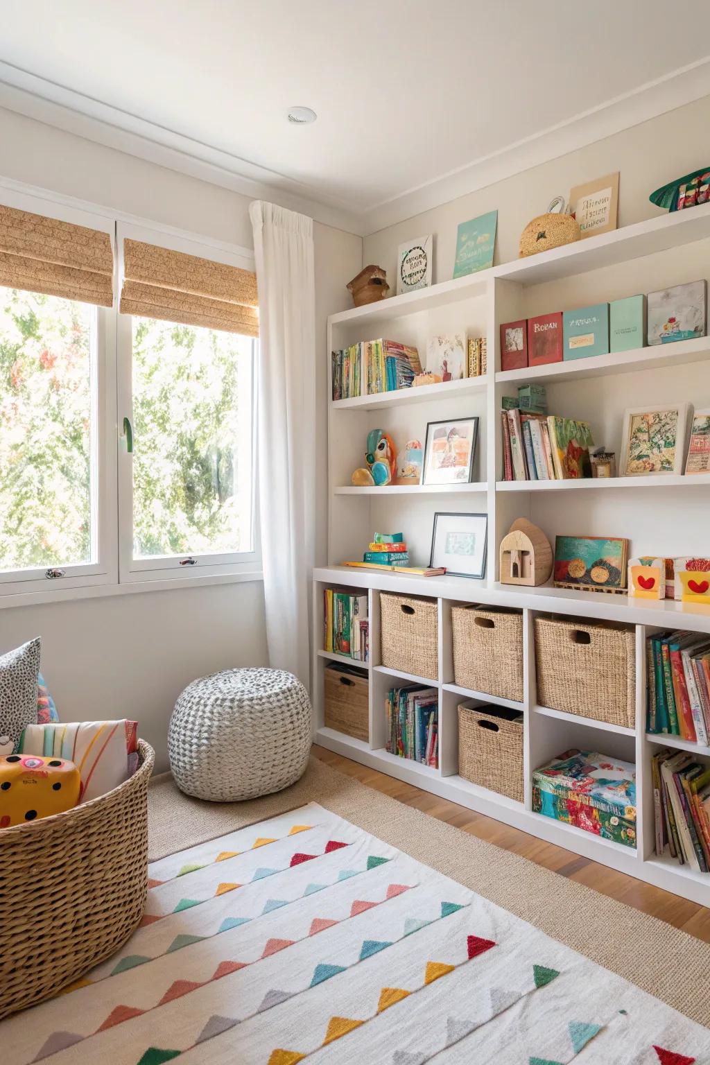 Useful decor maintains the baby's room organized and stylish, offering practical storage solutions.
