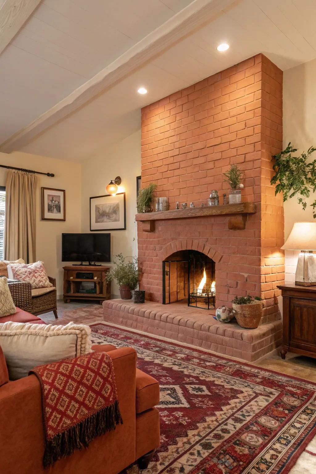 A terracotta-painted fireplace adds warmth and coziness.
