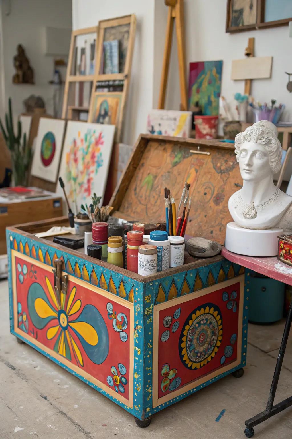An eclectic nomad chest, bursting with creativity.