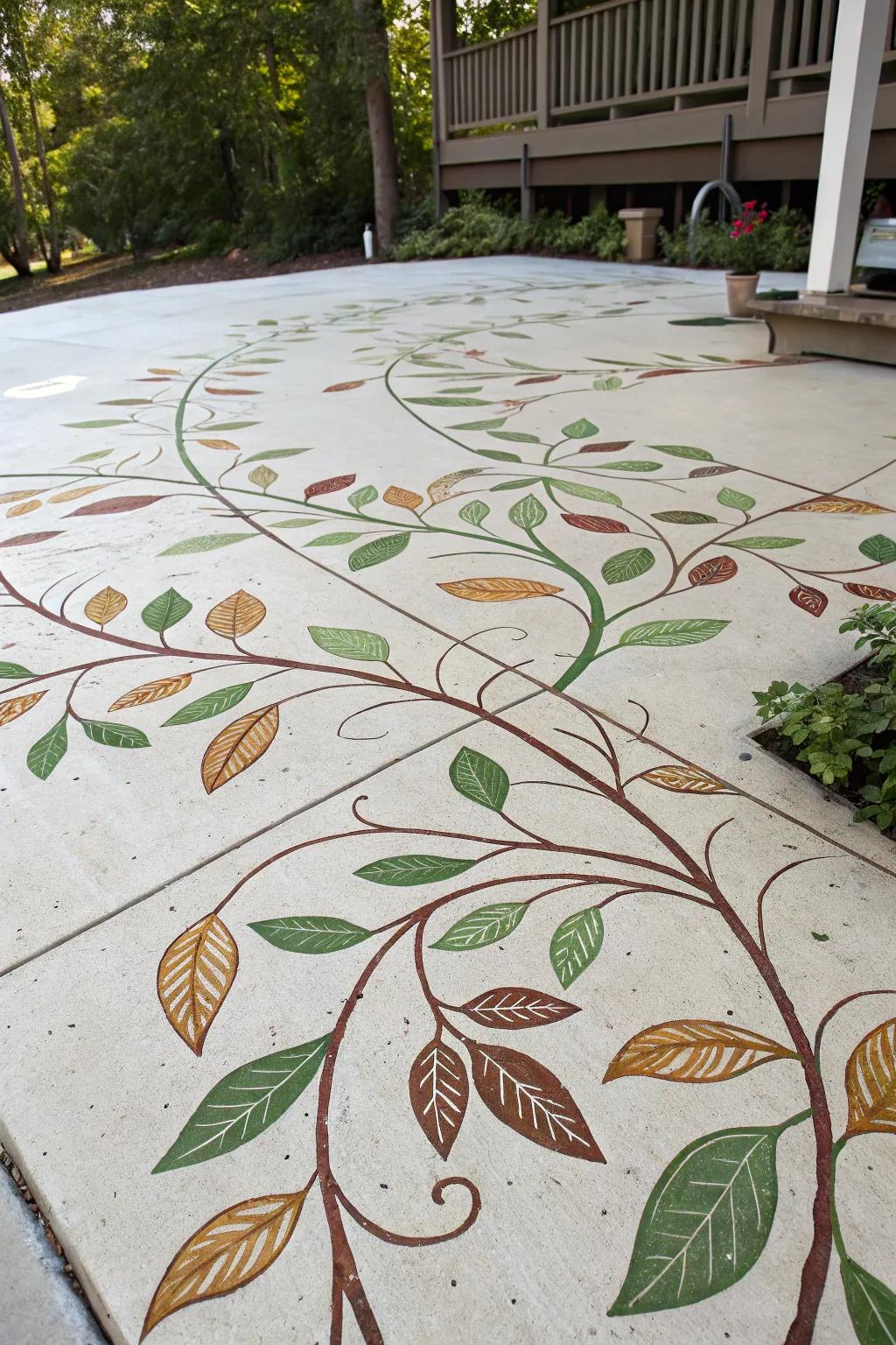 A patio showcasing foliage patterns that harmonize with the surrounding greenery.