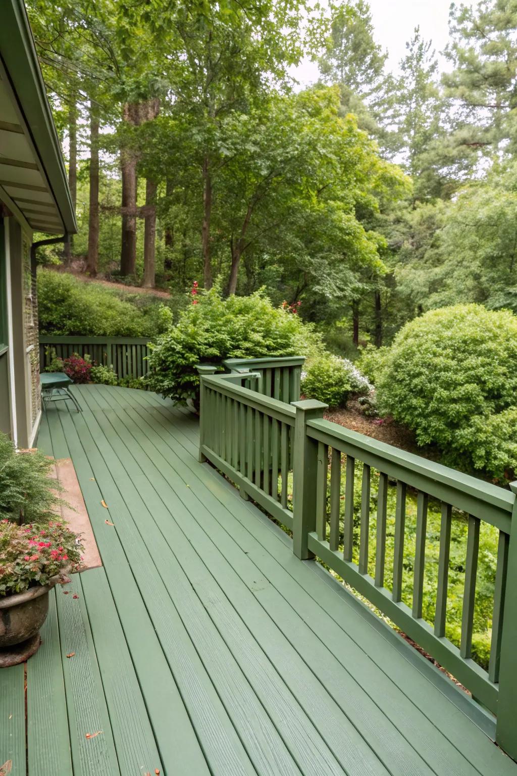 A deck in earthy green tones, flawlessly blending with the natural surroundings.