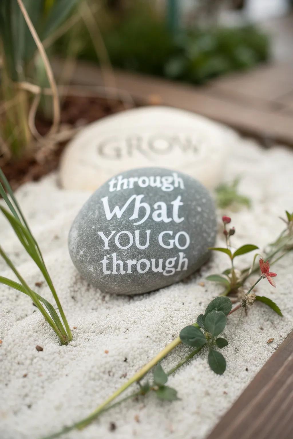 Discover strength and inspiration in nature's simplicity with this beautifully painted stone mantra.