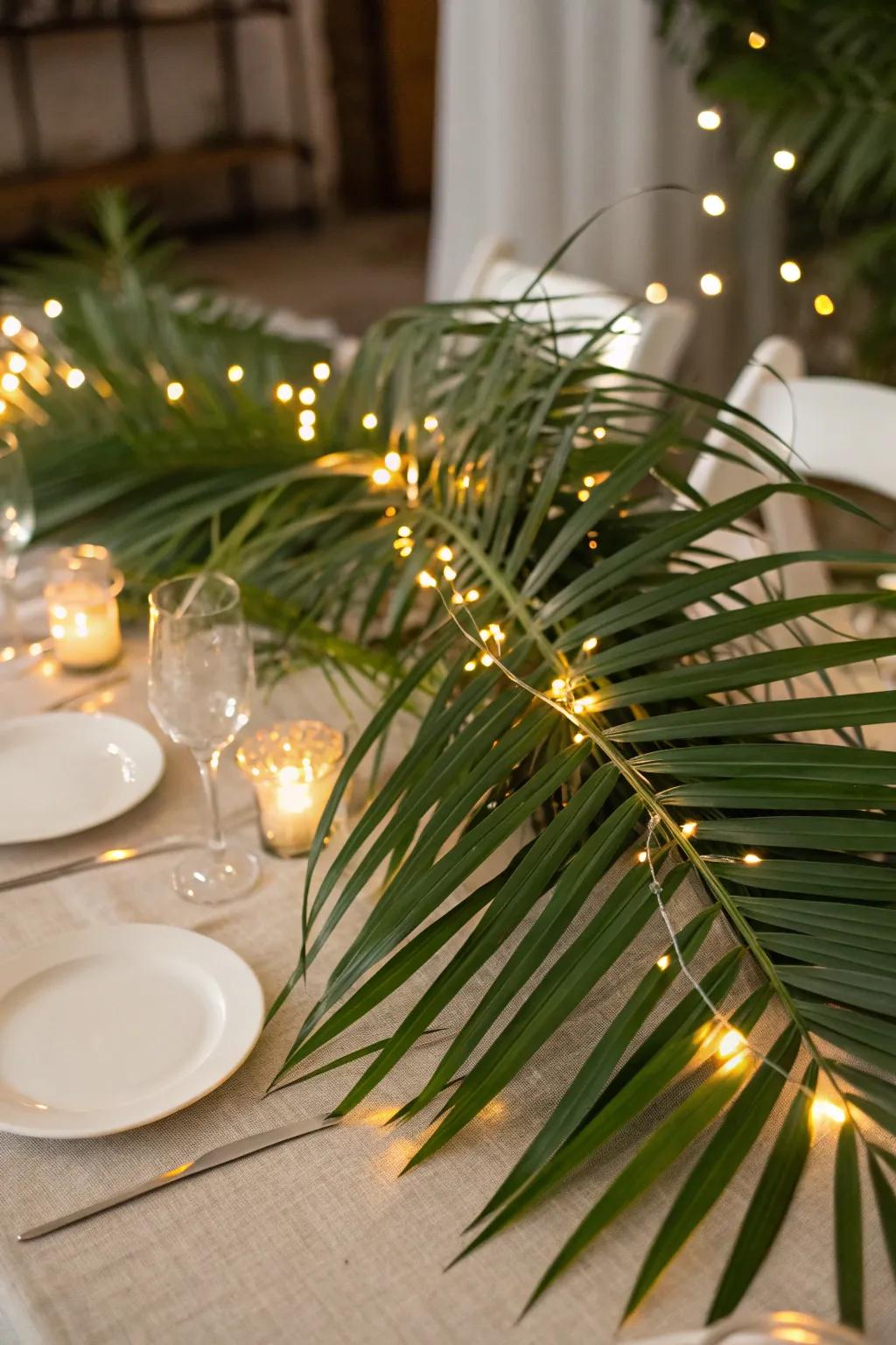 Glittering lights contribute an enchanting touch to frond centerpieces.
