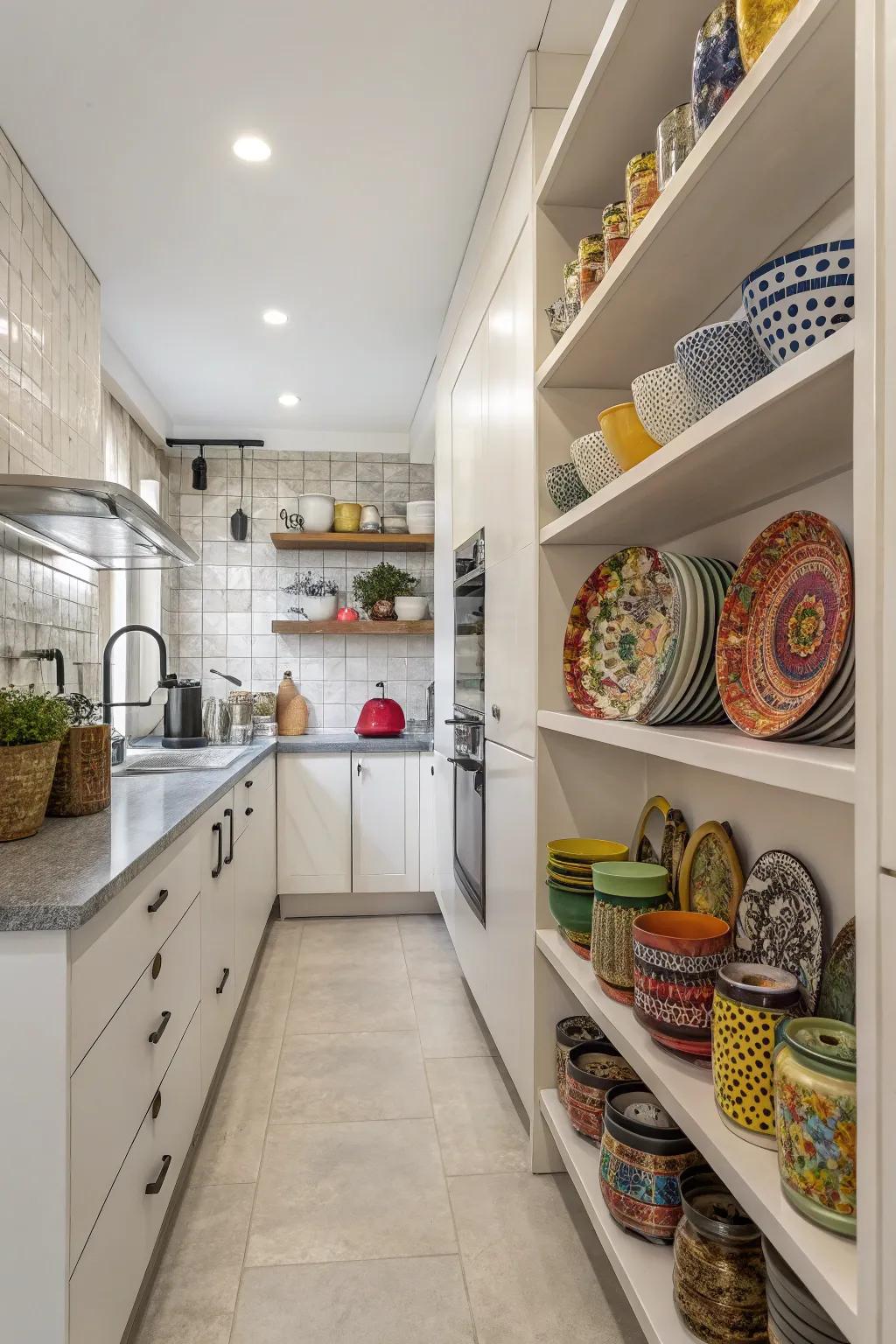 Visible shelving adds both style and functionality.