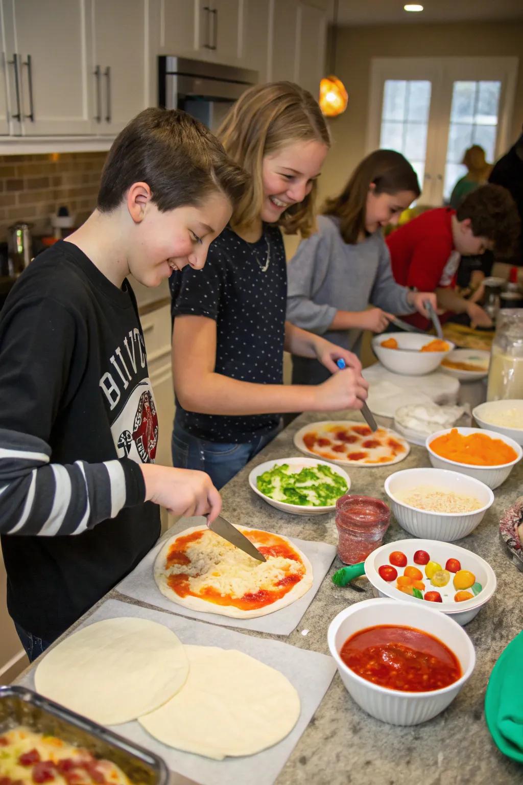 Teens crafting their own tasty flatbreads with different ingredients.