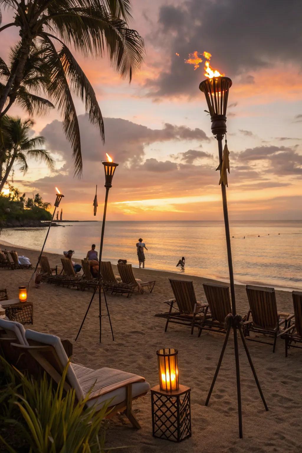 Capture the ideal sunset at a seaside party.