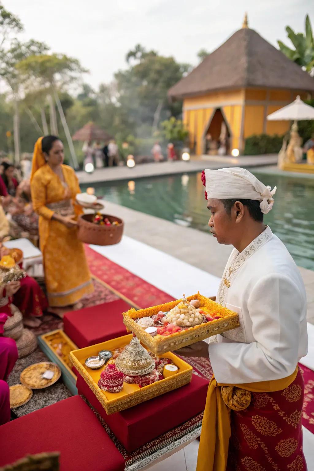 Conventional serving dishes and accessories enhance the genuineness of a rice-feeding ceremony.