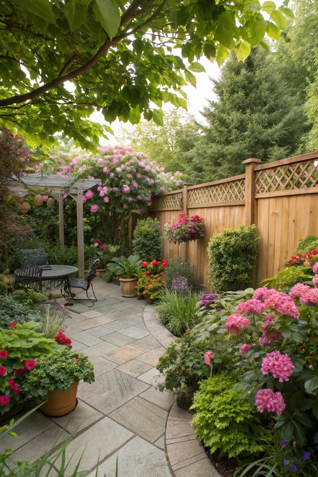 Lush greenery amplifies the natural charm of a patio.