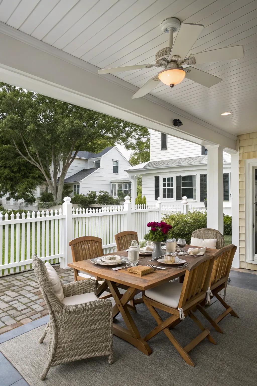 A traditional patio featuring a pure white ceiling fan.