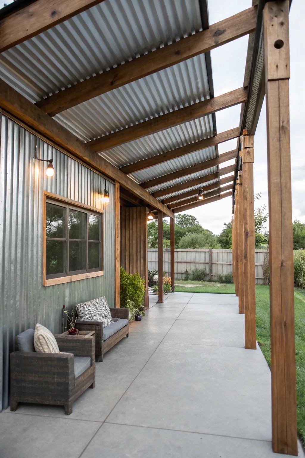 Ridged metal and wood combination provide an industrial chic patio style.