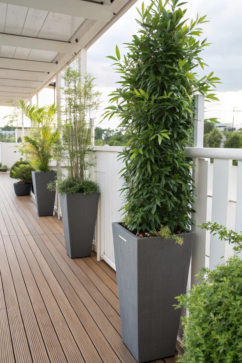 Tall planters acting as natural dividers on a patio.