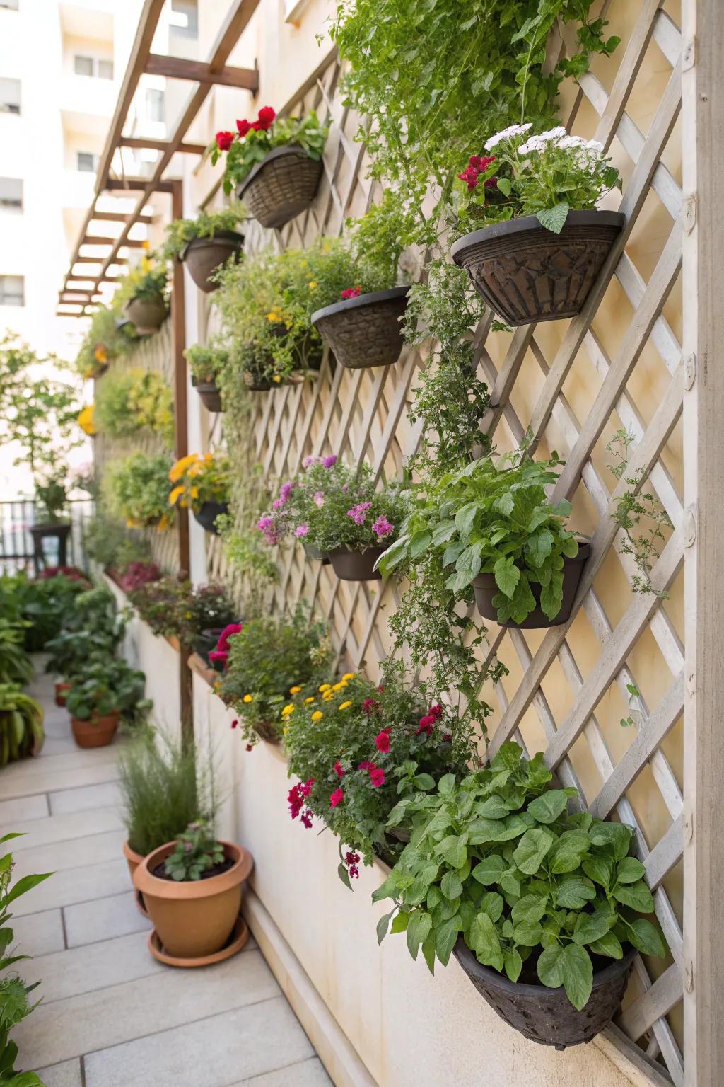 An openwork skyward garden wall retains fresh herbs and flowers within grasp.
