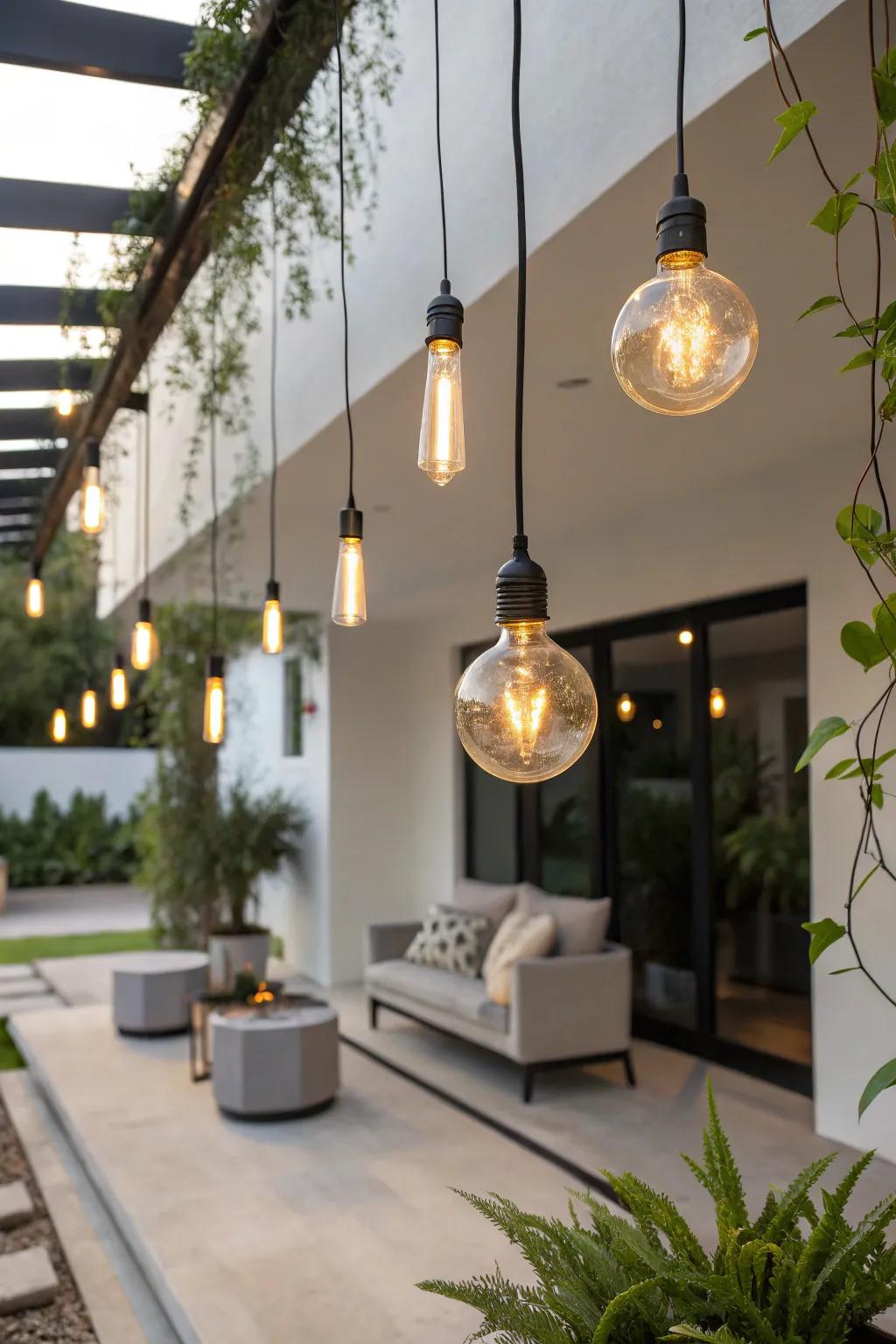 Modern hanging bulbs add a stylish touch.