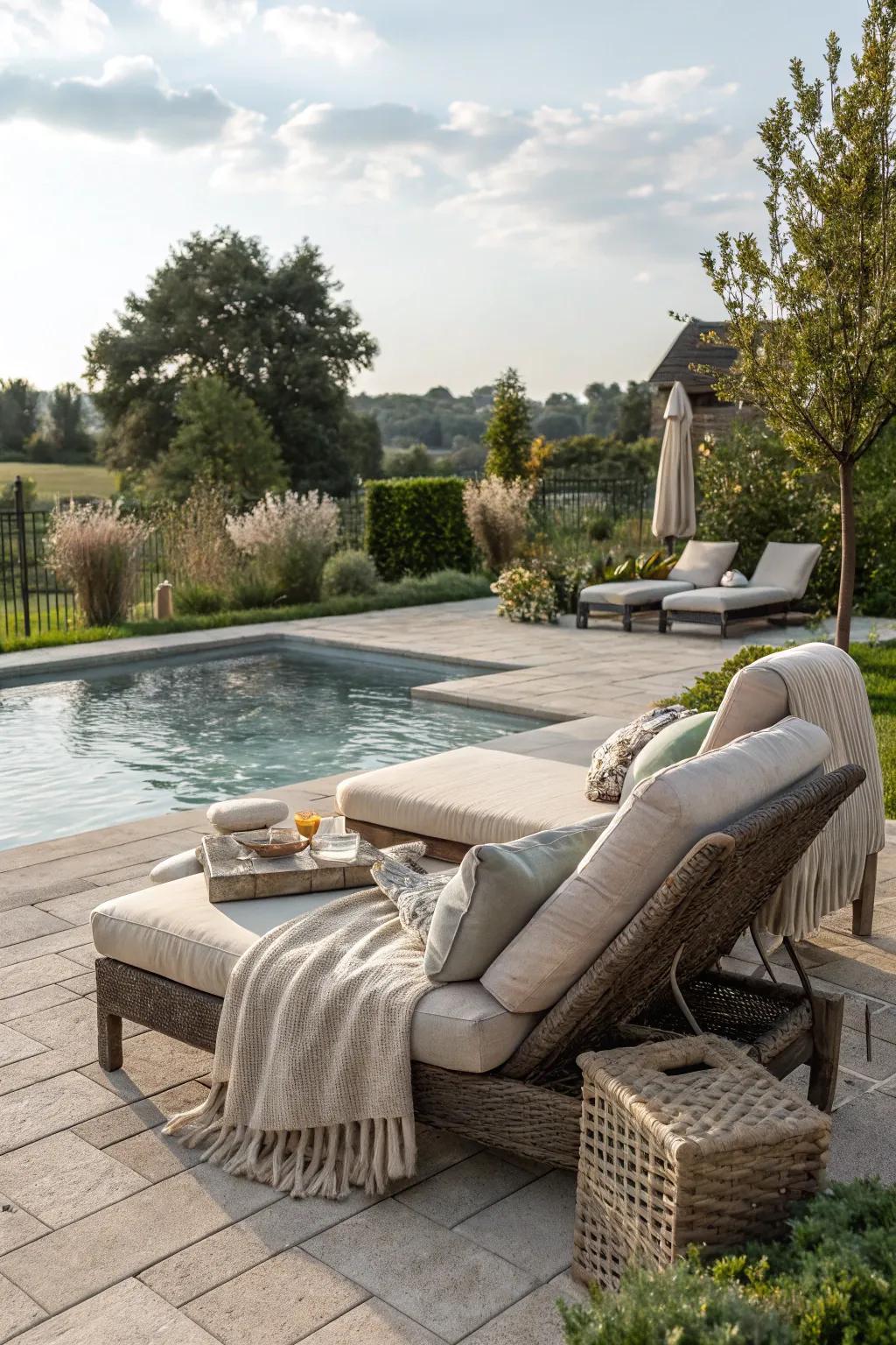 An inviting lounging spot encourages relaxation and socializing by the pool.