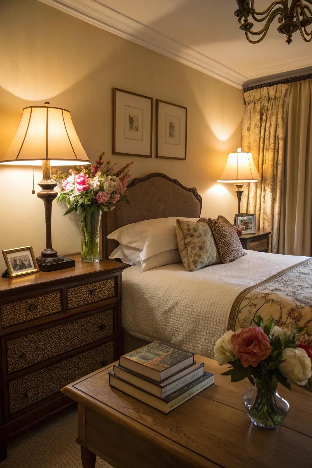 A bedroom softly illuminated by bedside lamps, creating a calming ambiance.